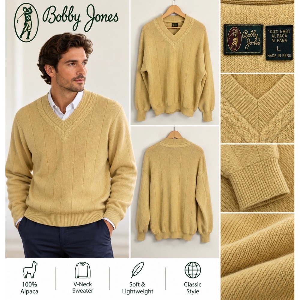 Bobby Jones Mens Yellow 100% Baby Alpaca V-Neck Ribbed Knit Sweater Large